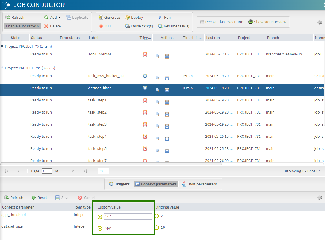 Talend Administration Center page with the Custom value column highlighted.