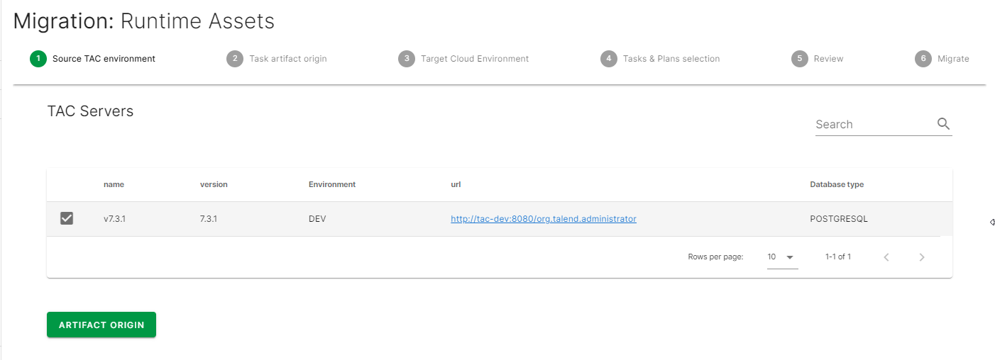 Migration: Runtime Assets page for the TAC servers selection.