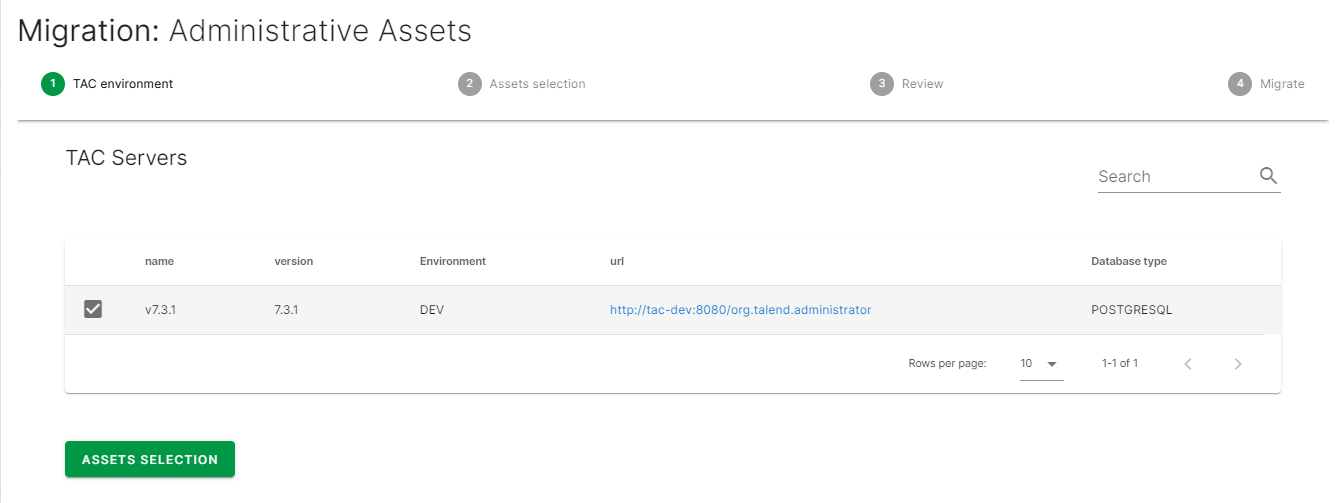 Migration: Administrative Assets page with a TAC server selected.