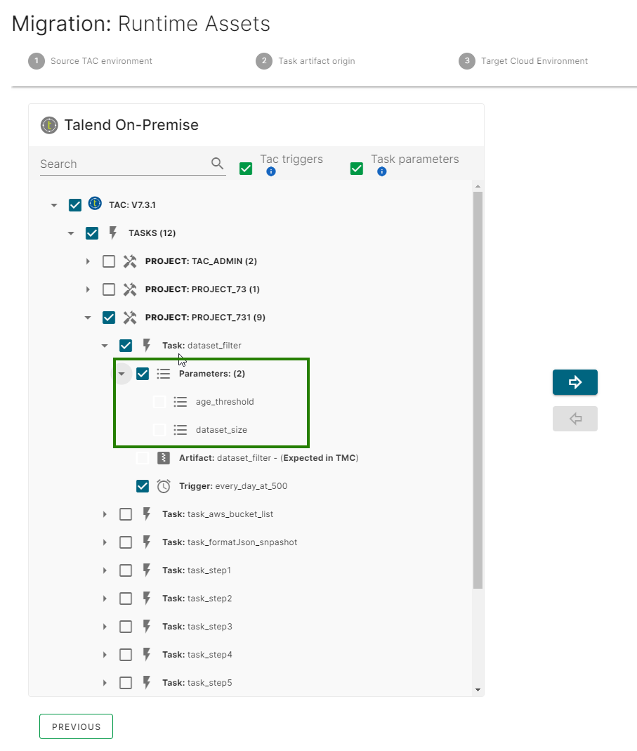 Talend Administration Center task parameters selected.