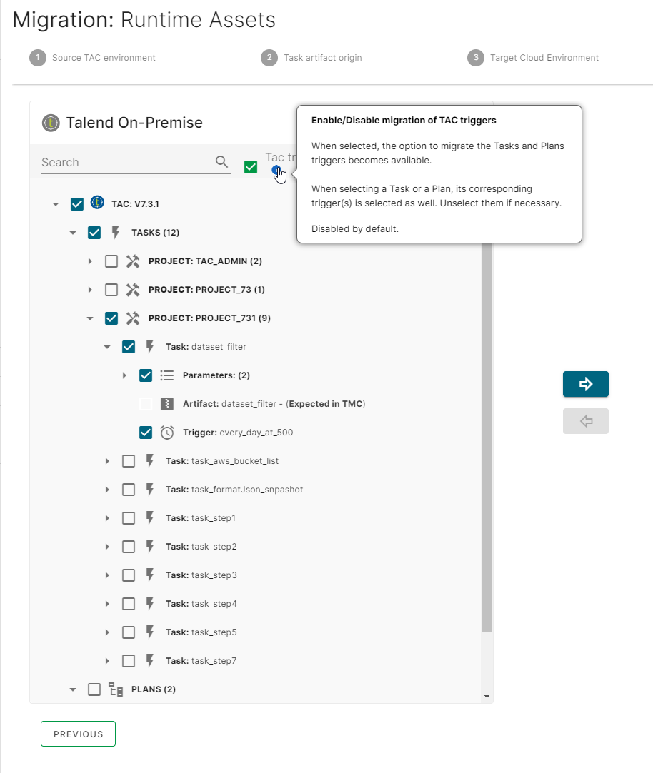 Select the tasks and plans step with the TAC triggers option enabled