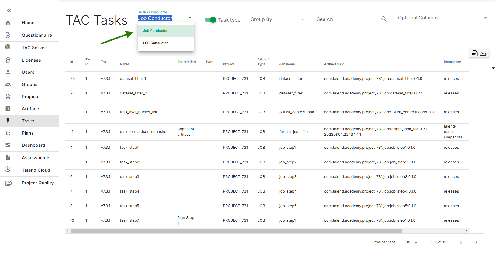 Talend Administration Center tasks page with Job Conductor selected.