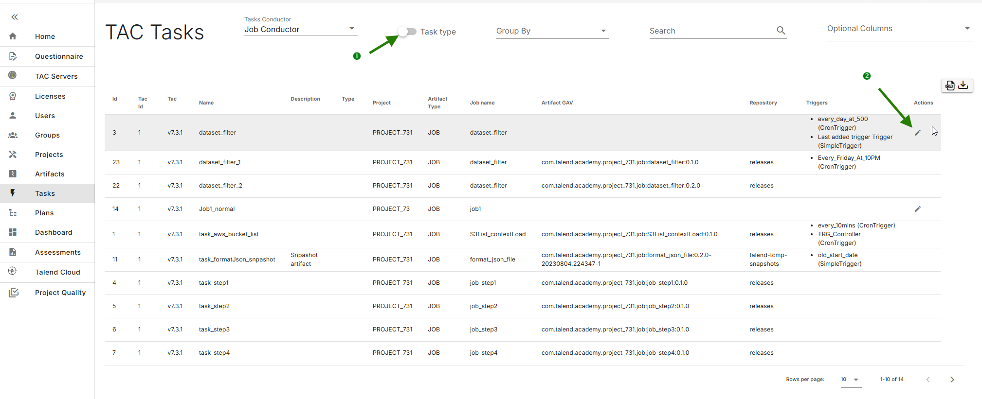 Talend Administration Center Job Conductor tasks page with the Task type option and the pencil icon highlighted.