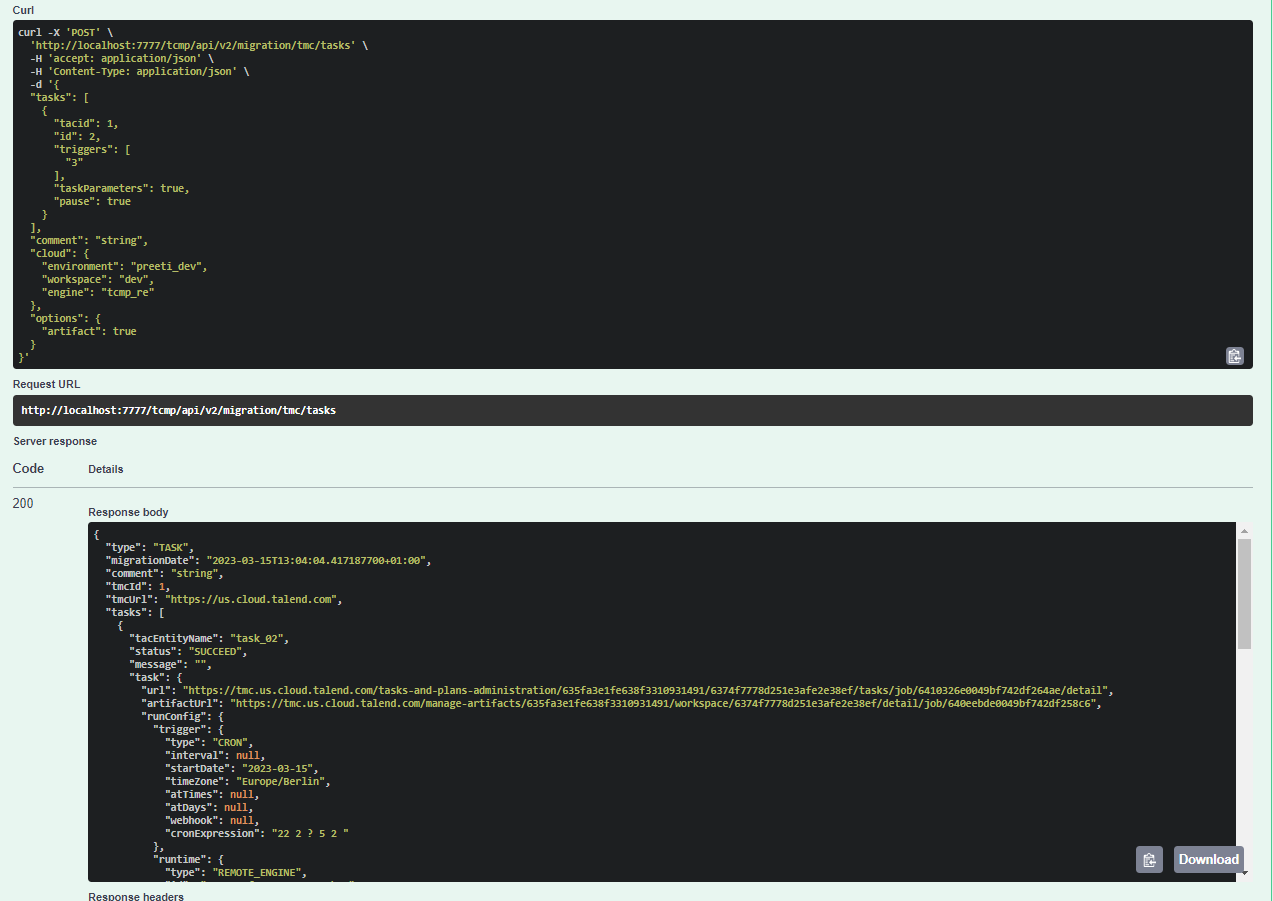 Example of a response body to get details of a migrated task.