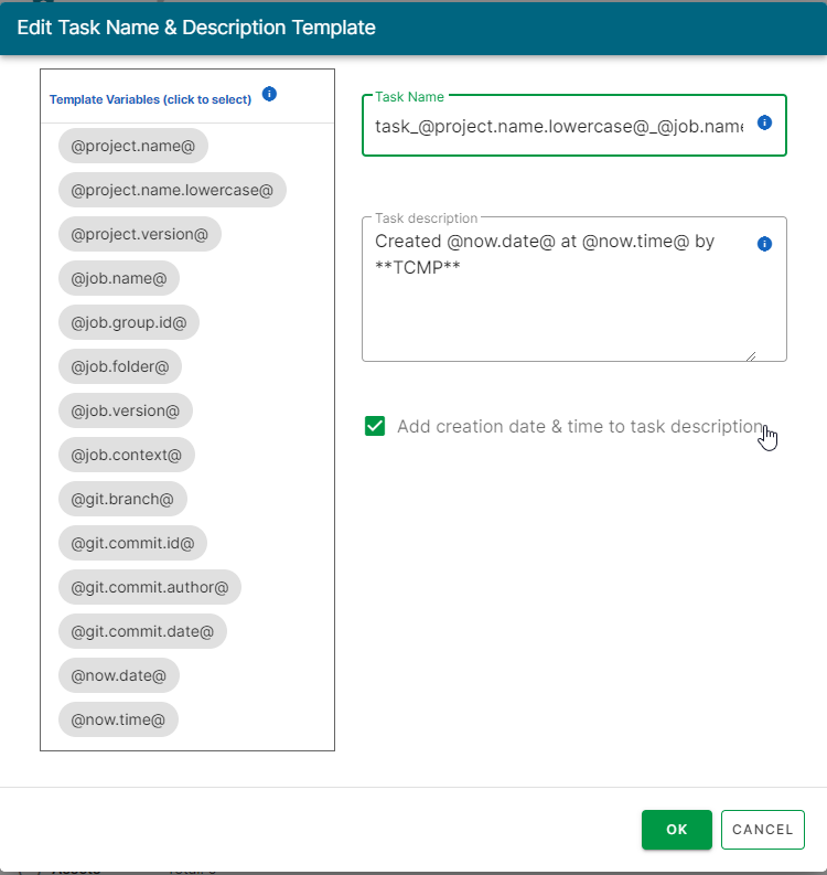 Edit Task Name and Description Template page.