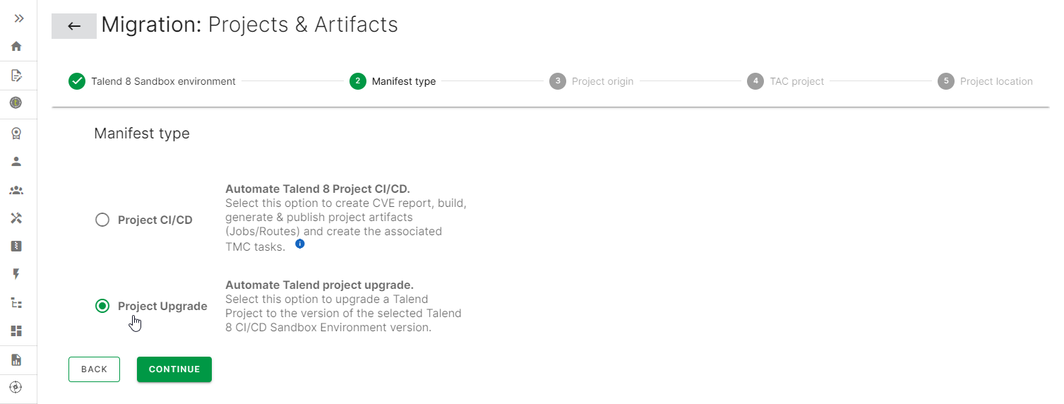 Project Upgrade manifest type selected.