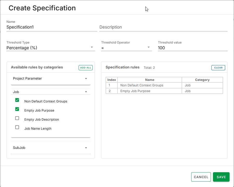 Specification window with the Rules by Categories panel.