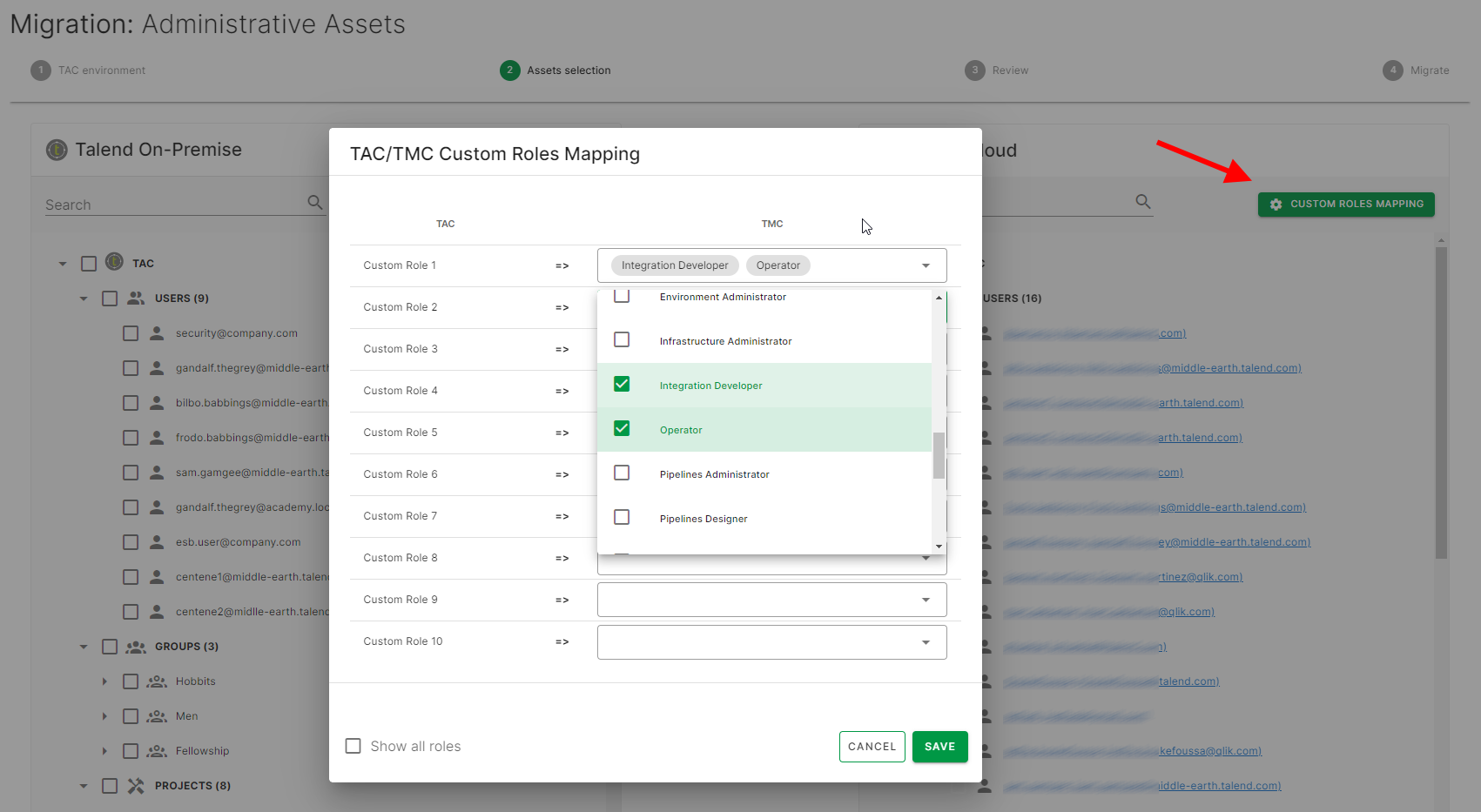 TAC/TMC Custom Roles Mapping dialog box.