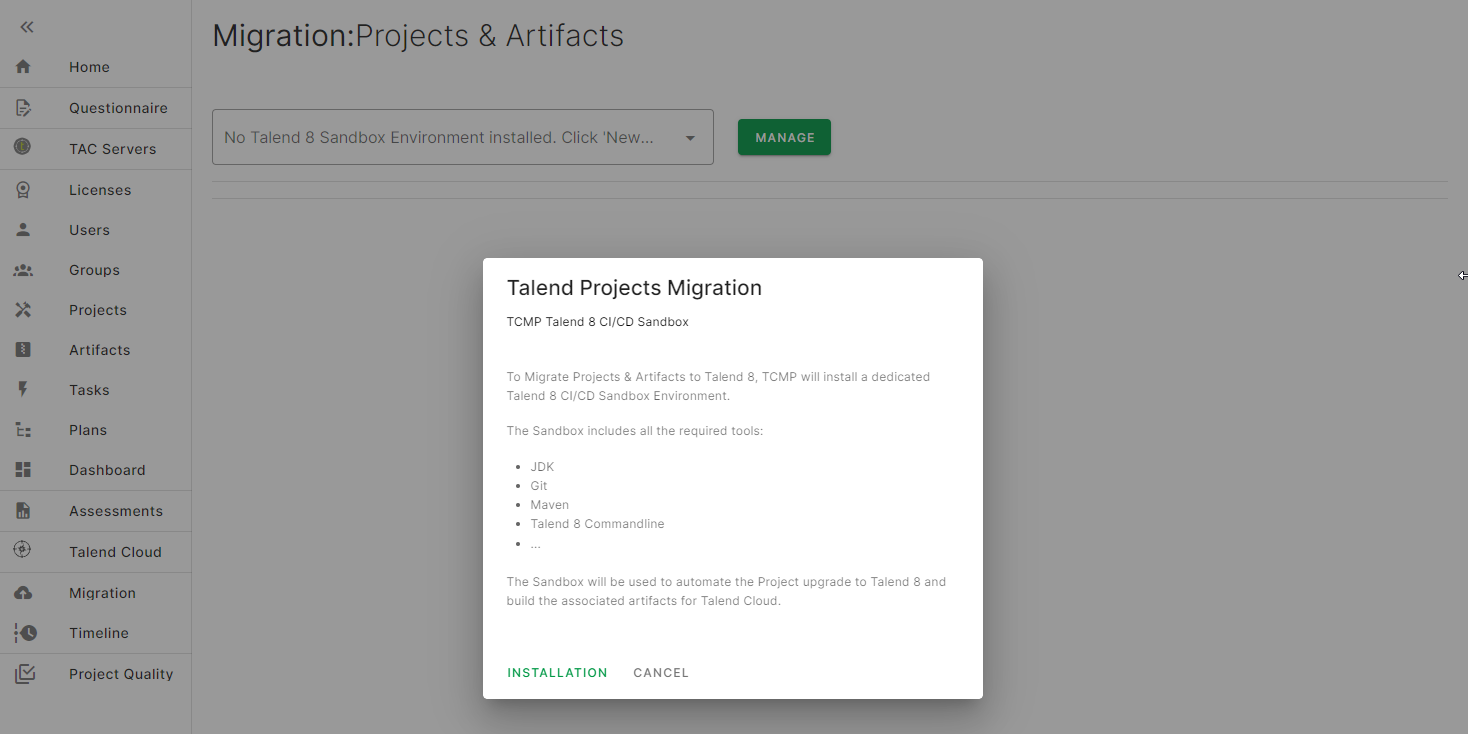 Popup asking to install the Talend 8 CI/CD sandbox environment.