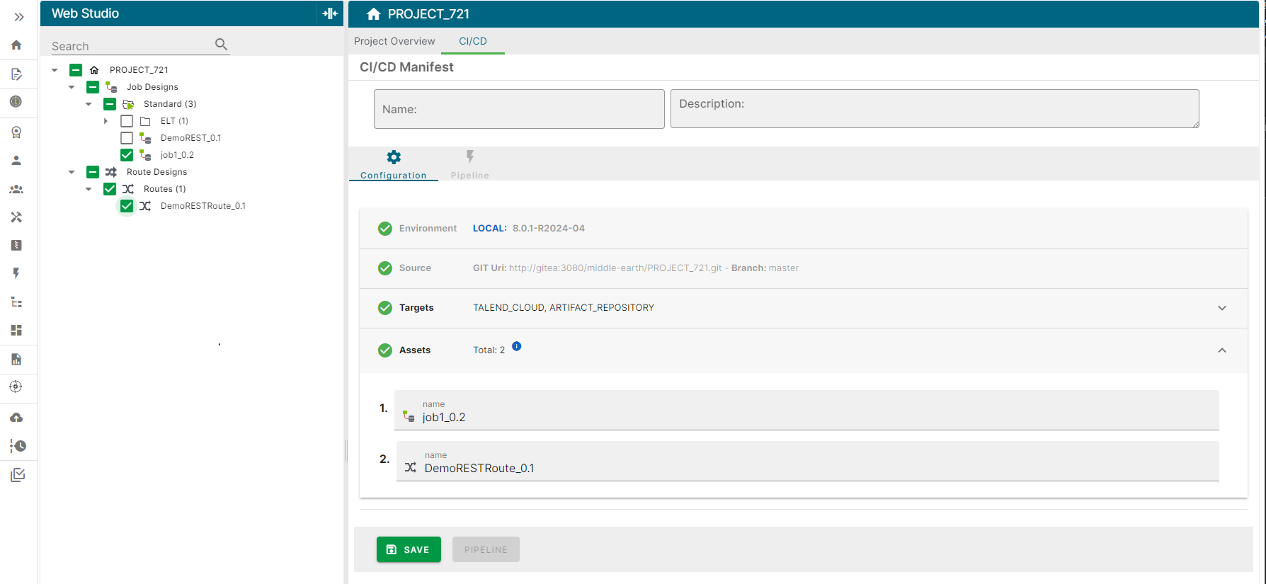 CI/CD manifest page with the Assets section highlighted.