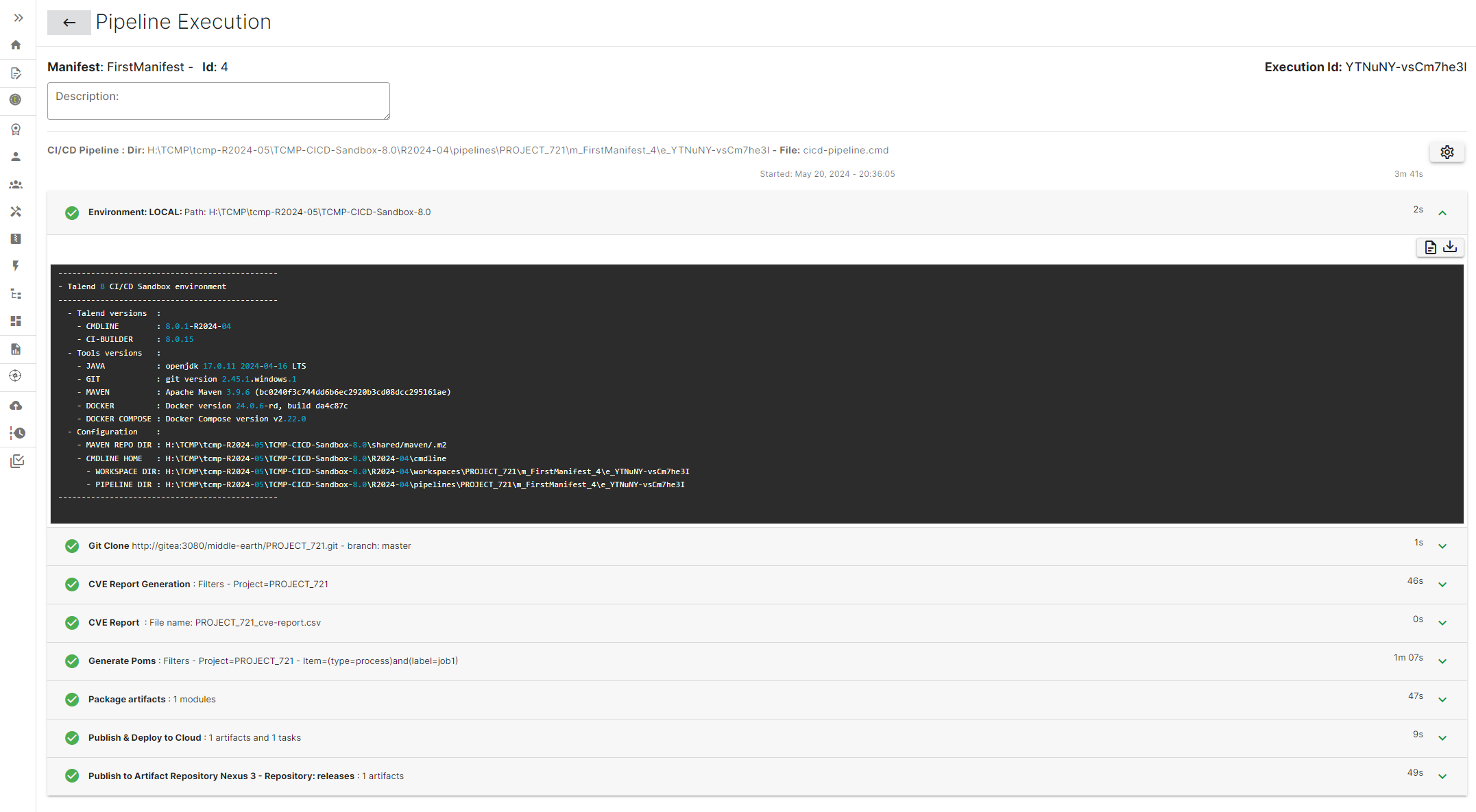 Pipeline Execution output page.