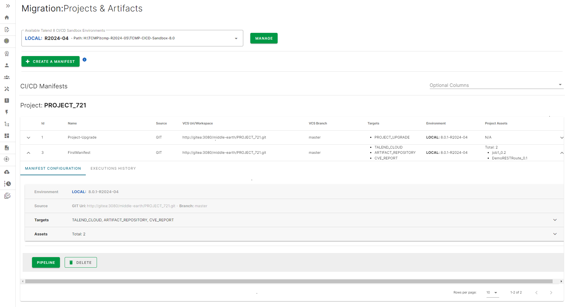 List of project manifests on QTCMT.