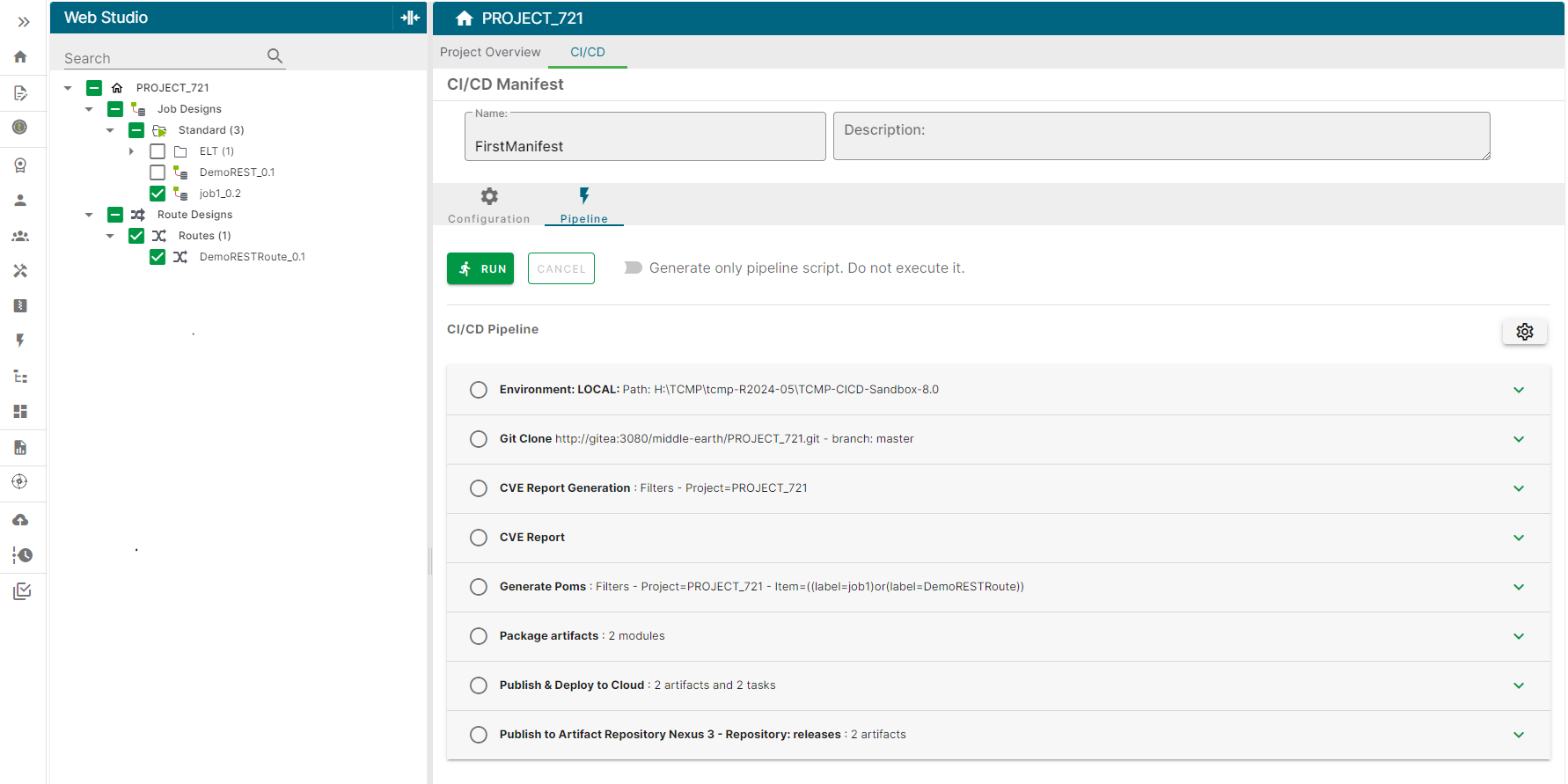 Pipeline tab with the different steps available.