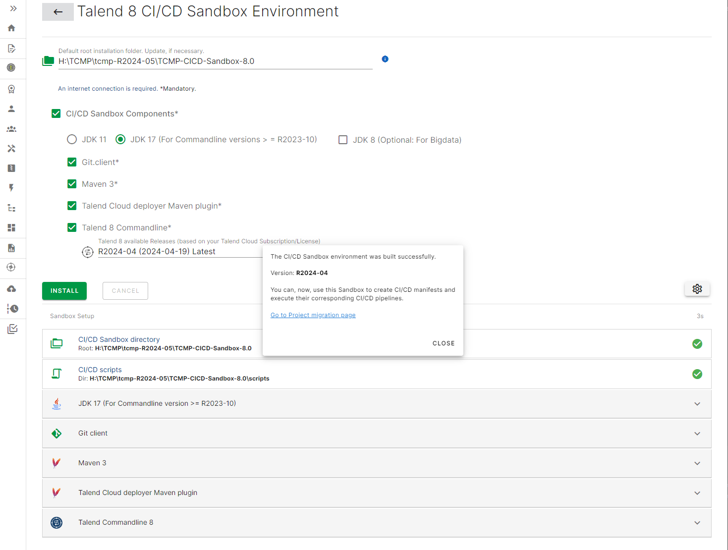 Talend 8 CI/CD sandbox environment page with the install button highlighted and a message saying that the CI/CD sandbox environment was built successfully.