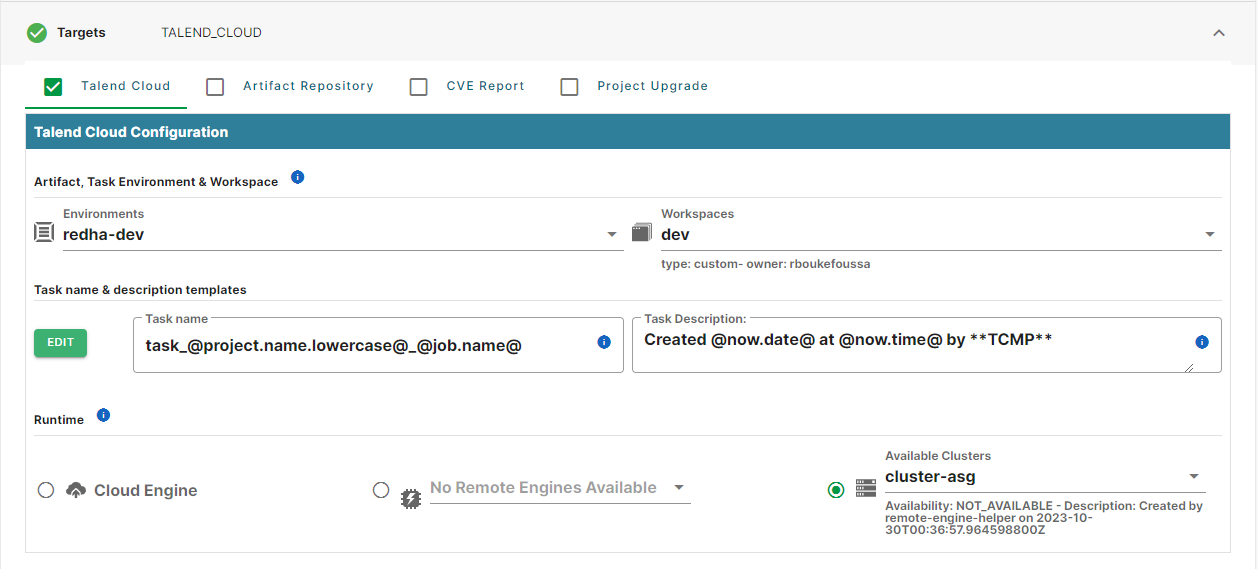 Talend Cloud Configuration page with an example of a configuration.