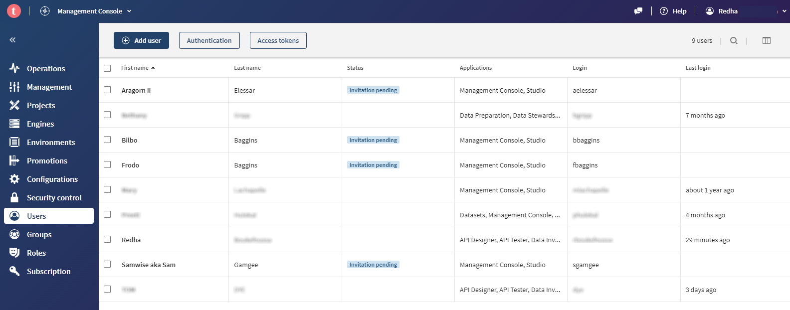 Example of a list of migrated users on Talend Management Console.