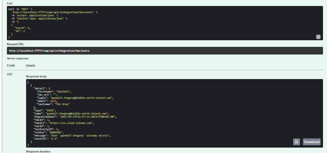 Example of a response body to get details of a migrated user.