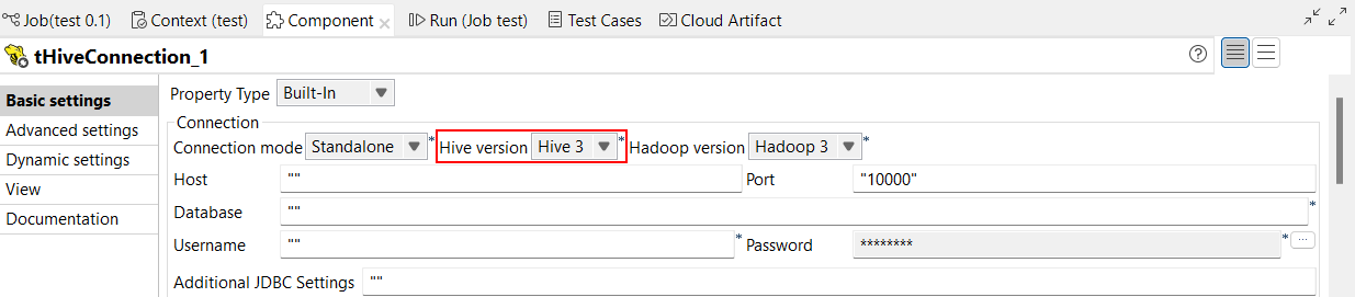 Hive component Basics settings view in a Standard Job.