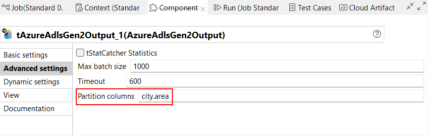 tAzureAdlsGen2Output Advanced settings view with the new Partition columns parameter.