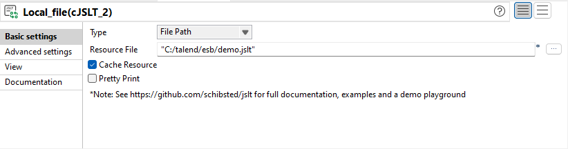 cJSLT component Basics settings view in a Route.