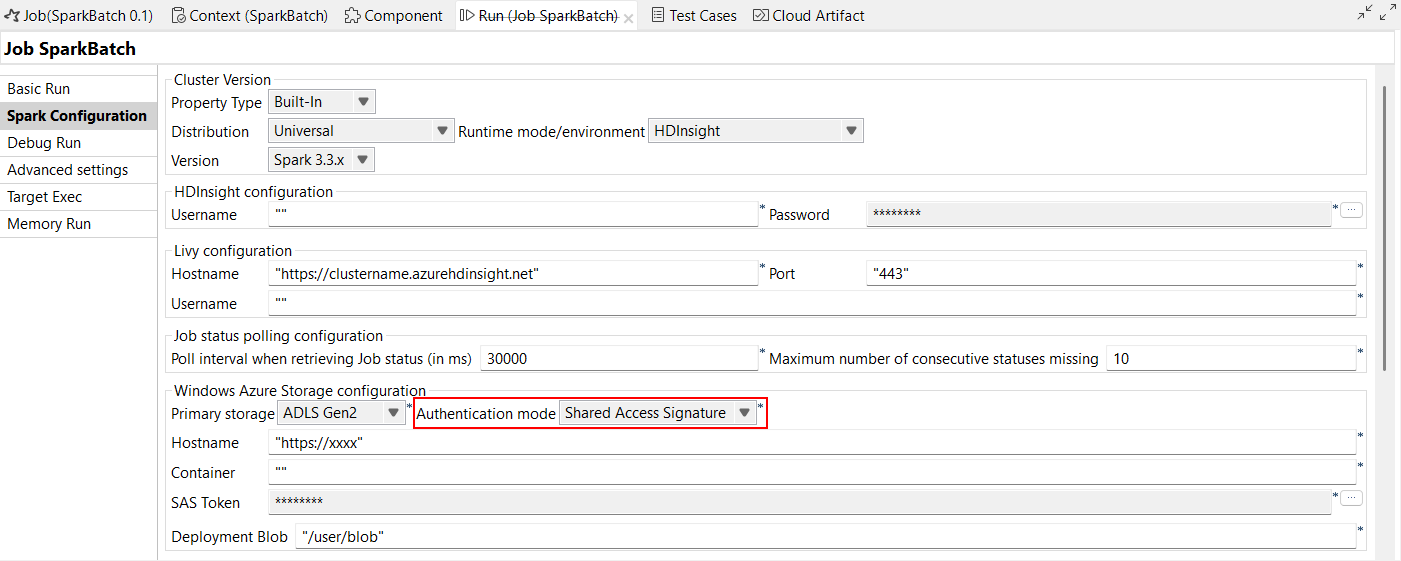 Spark Configuration view of a Spark Batch Job with the new Shared Access Signature authentication mode.