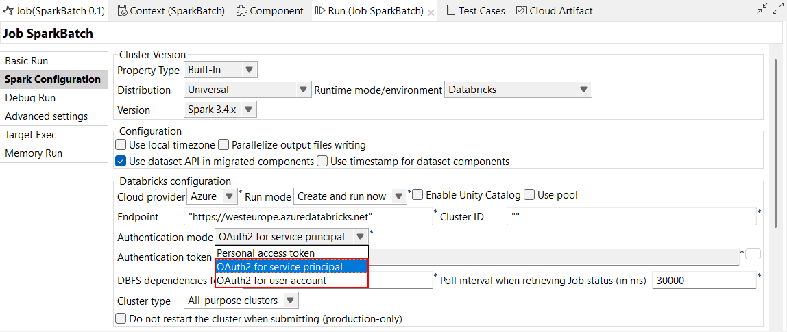 Spark Configuration view of Spark Batch Job highlighting the new Authentication mode parameter for OAuth authentication.