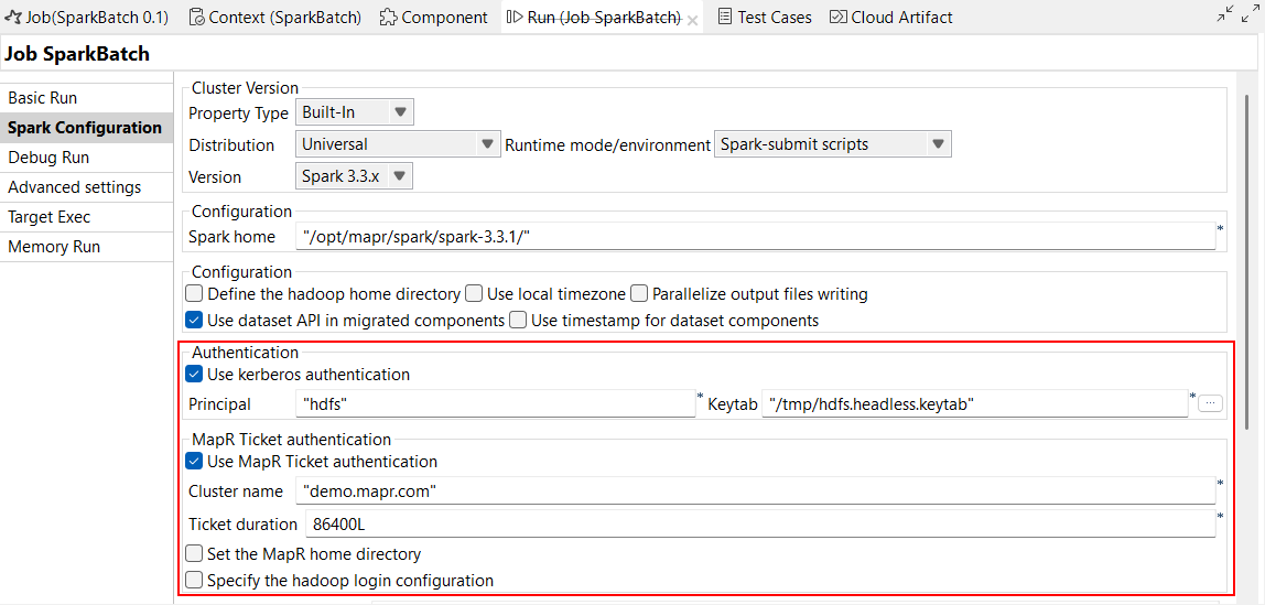 Spark Configuration view of a Spark Batch Job highlighting the new Authentication and MapR Ticket authentication parameters.