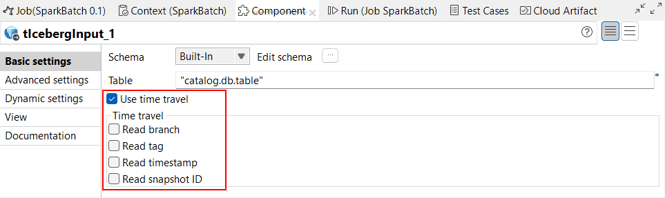 tIcebergInput Basic settings view highlighting the new parameter for time travel in Spark Batch Jobs.