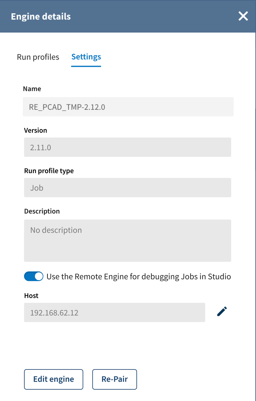 Screenshot showing how to enable remote run in Engine details window.