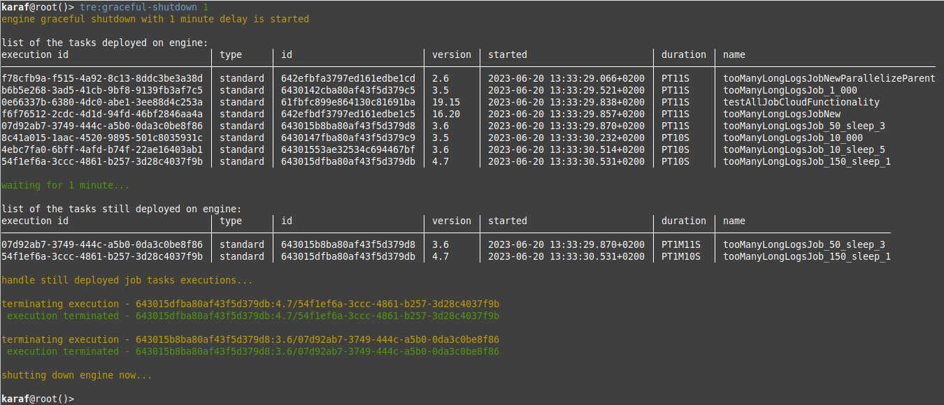 Screenshot showing the Karaf console running the graceful shutdown process of Remote Engine.