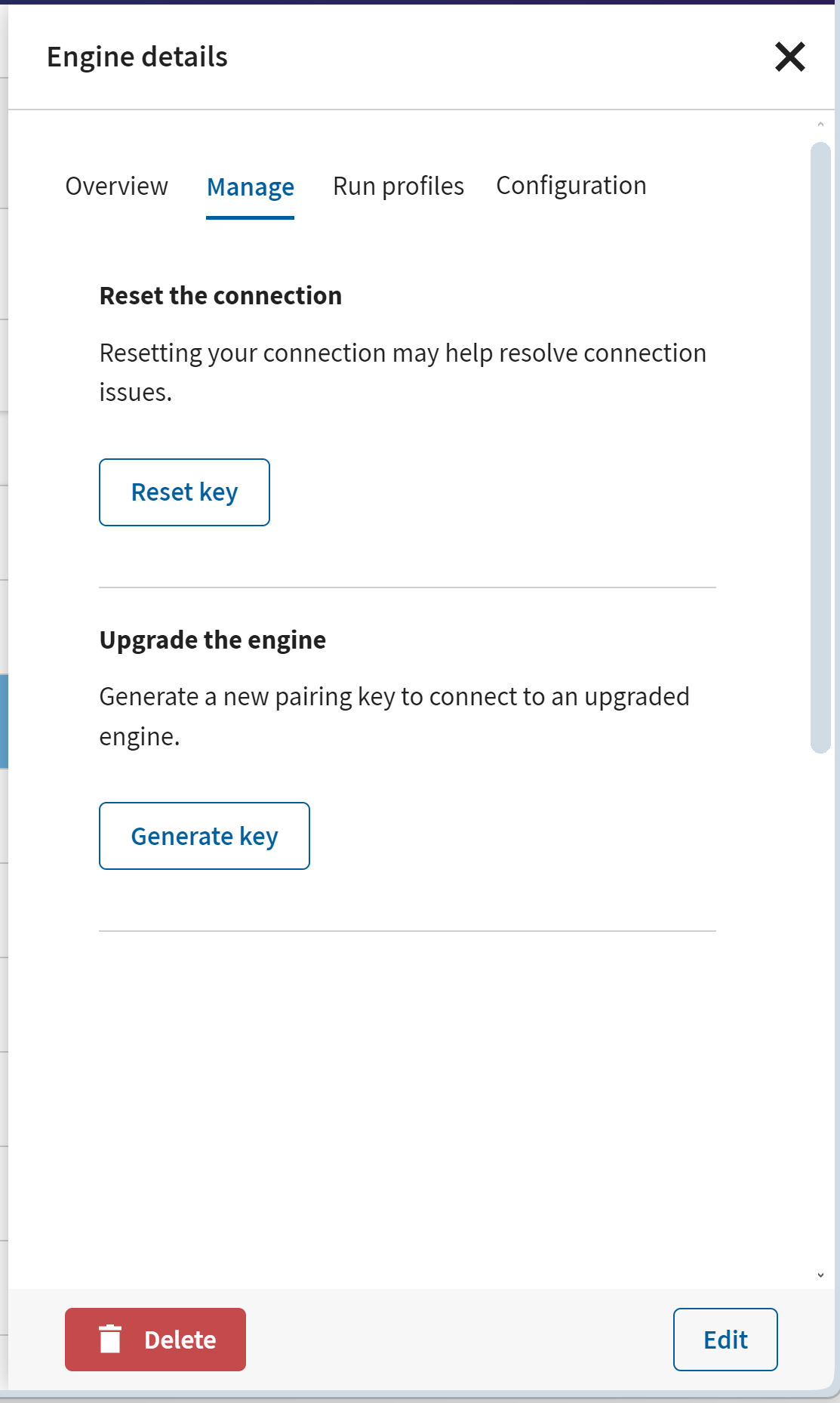 Screenshot of resetting Remote Engine pairing key.