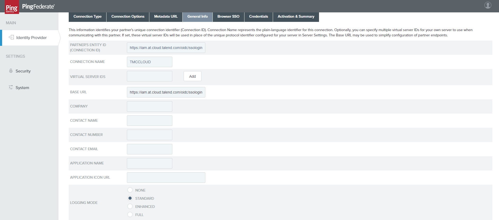 In this example, the Partner's Entity ID is https://iam.at.cloud.talend.com/oidc/ssologin, the Connection Name is TMCCLOUD, and the Base URL is https://iam.at.cloud.talend.com/oidc/ssologin. The Logging mode is Standard.