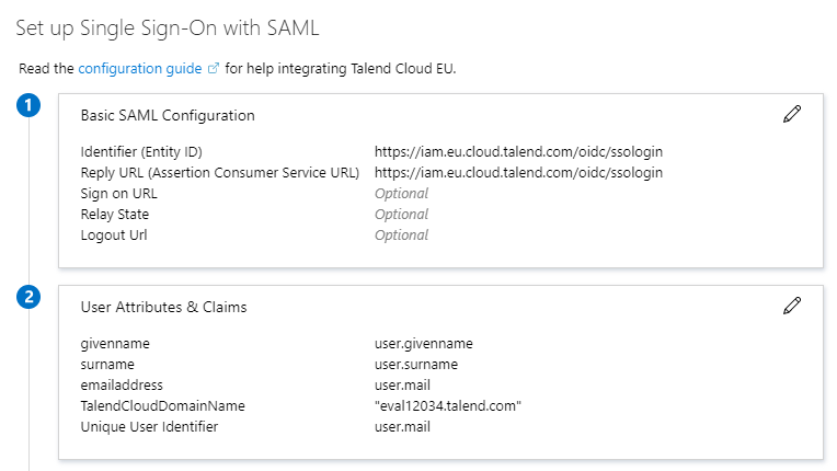 The User Attributes & Claims section contains the givenname, surname, emailaddress, TalendCloudDomainName, and Unique User Identifier attributes and their values.