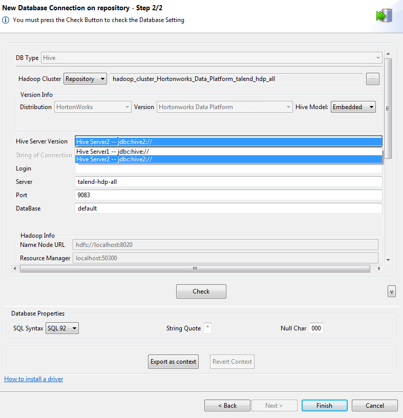 New Database Connection on repository - Step 2/2 dialog box showing Hive settings.