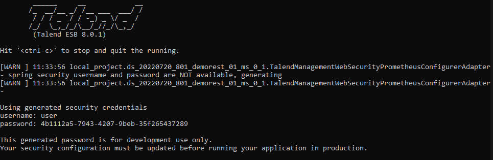 Example of a log entry showing that credentials were not found and warnings were generated.