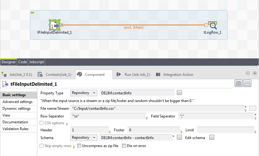 Job in the design workspace and the Basic settings view of the tFileInputDelimited component open.