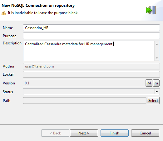 New NoSQL Connection on repository dialog box showing general properties.