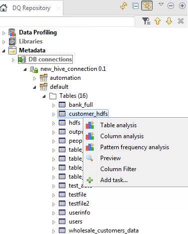 Contextual menu of a table in a Hive connection.