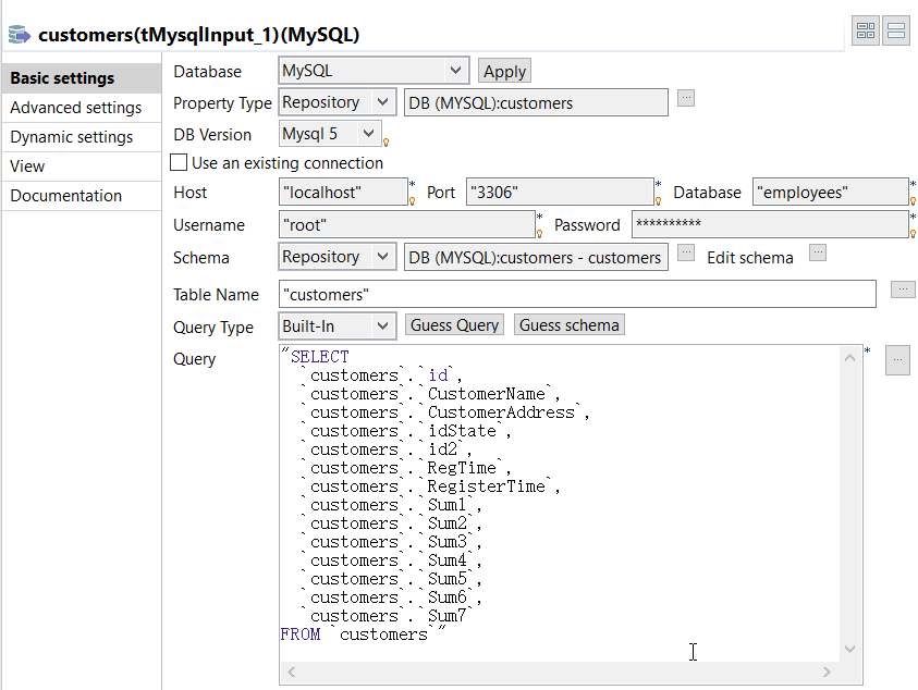 Basic settings view of the component.