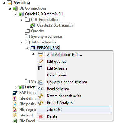 Contextual menu of a source table.