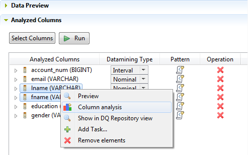 Contextual menu of a column in the Analyzed Columns section.