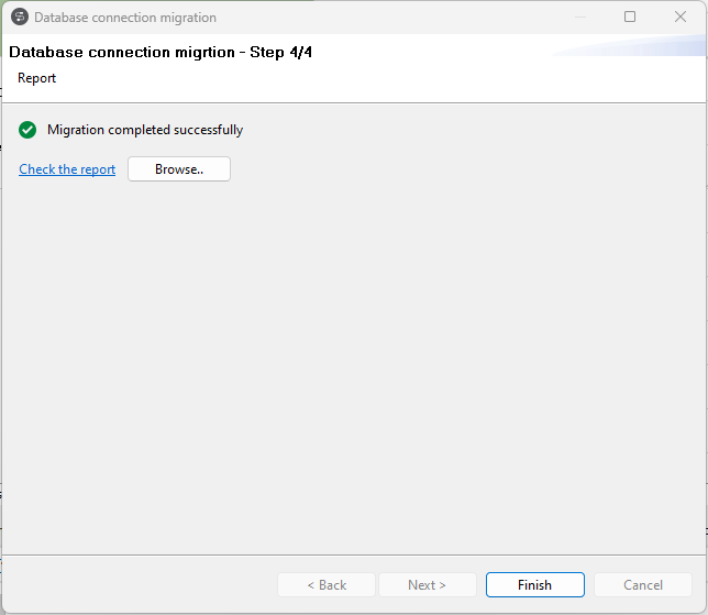 "Database connection migration - Step 4/4" dialog box.