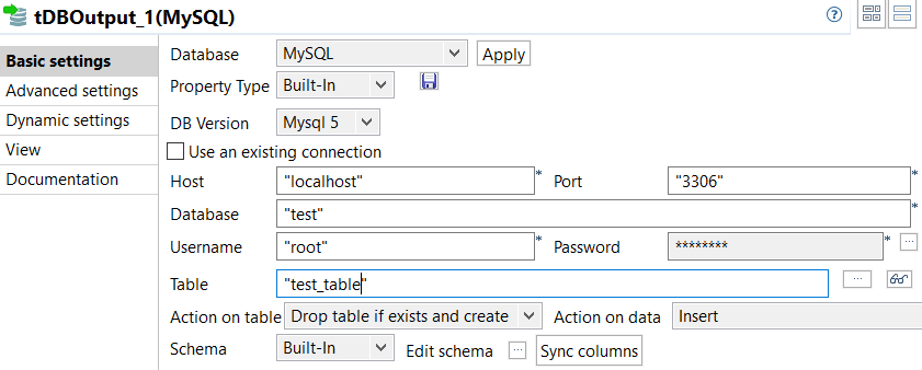 Basic settings view of the component.