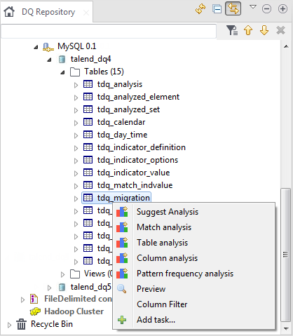 Contextual menu of a table from a database connection.