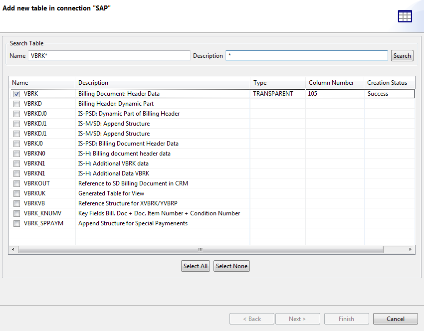 Add new table in connection "SAP" dialog box.