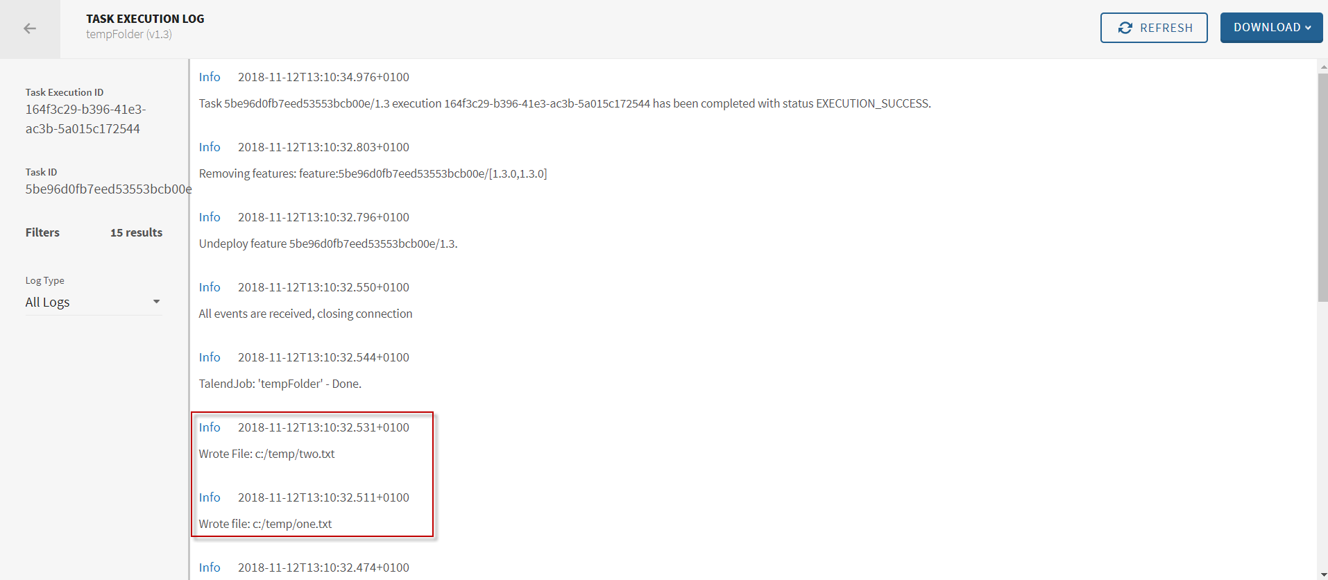 Task execution logs in Talend Management Console.