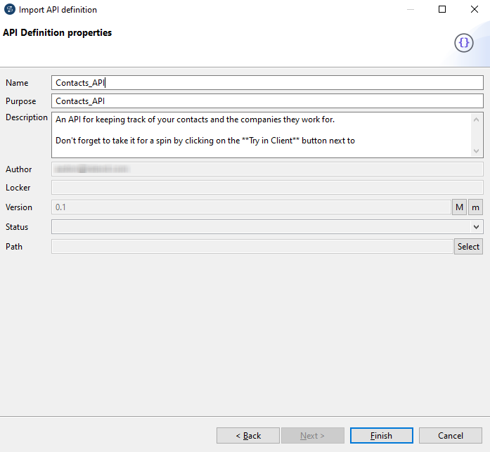 "Import API definition" dialog box.