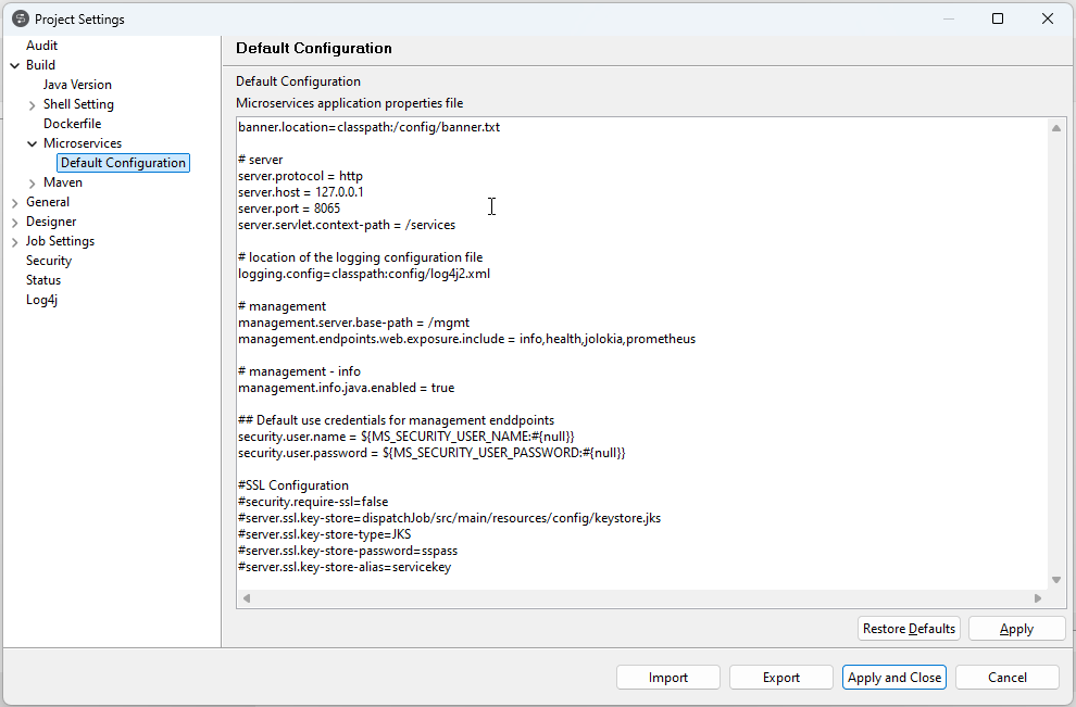 Default configuration of Microservices