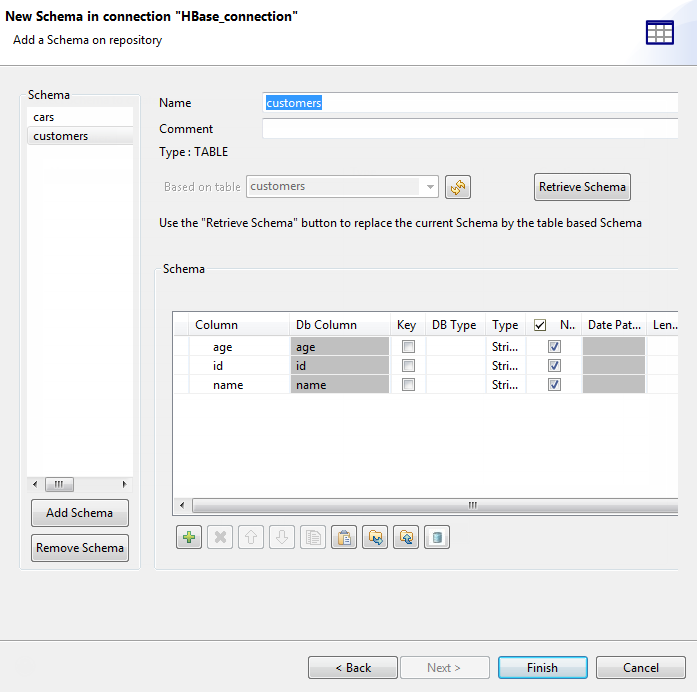 New Schema in connection "HBase_connection" dialog box showing schema added on repository.