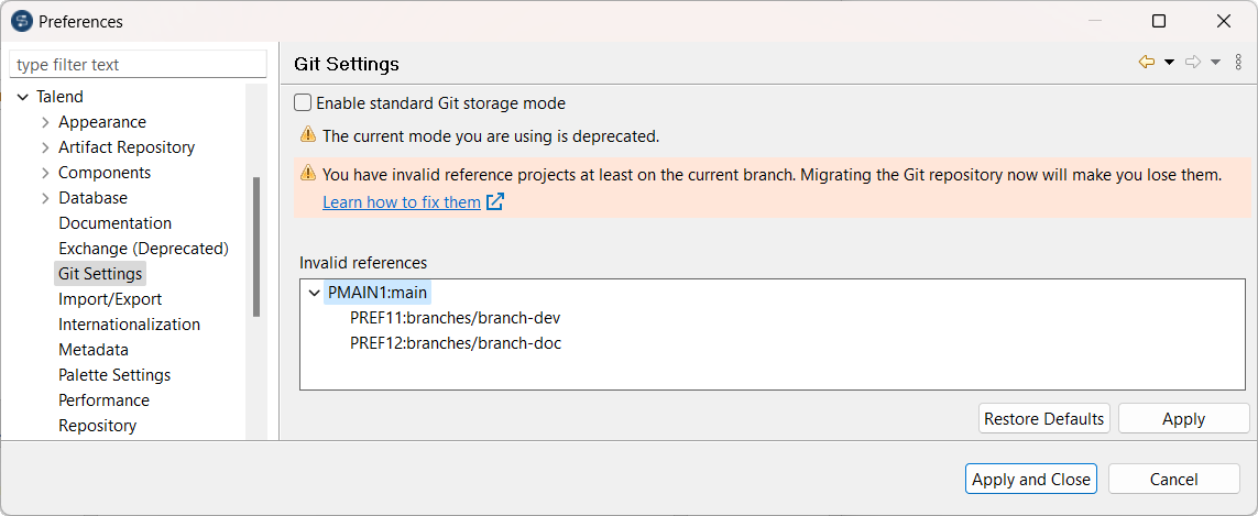 Git Settings section of the Preferences dialog box.